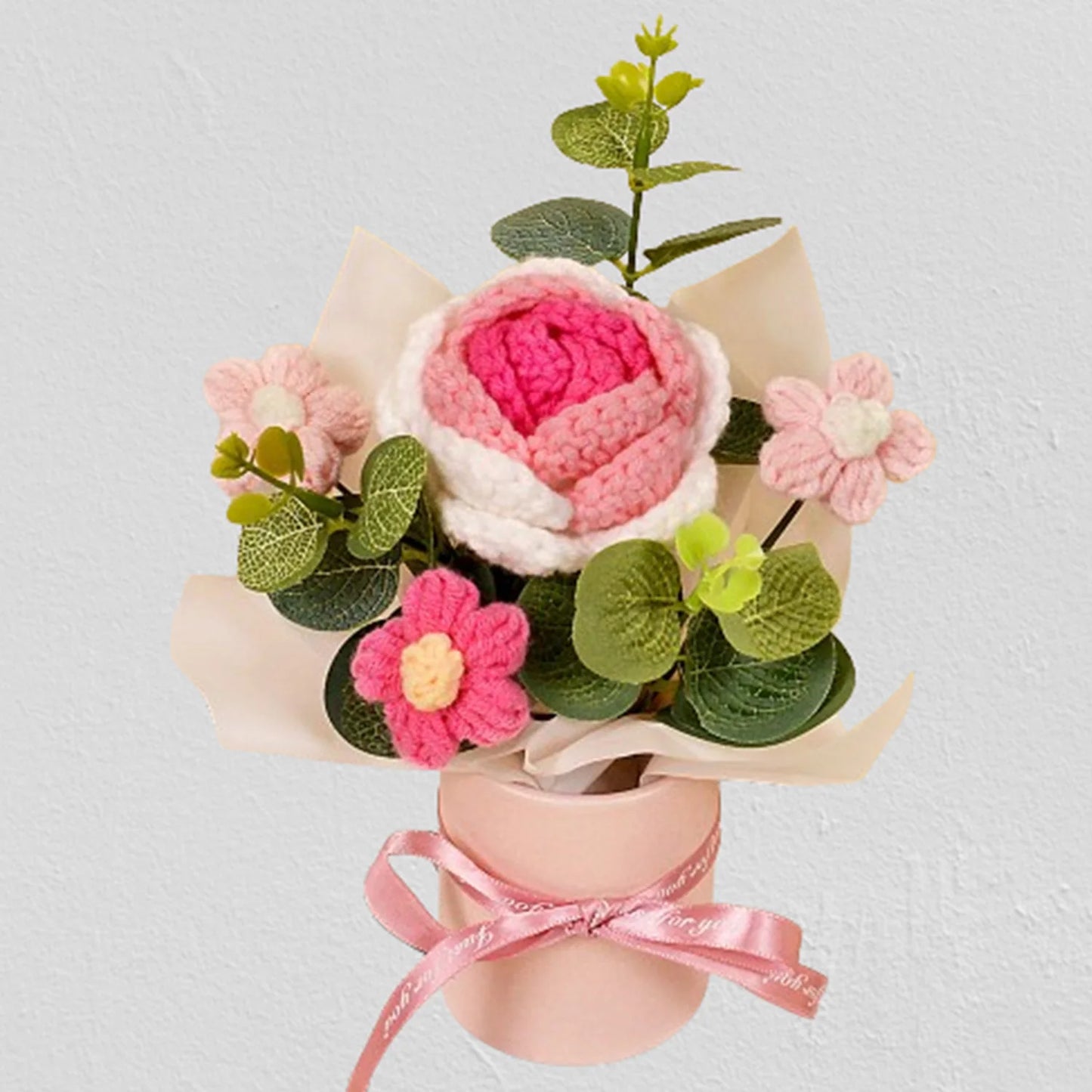 Handmade Crochet Knitted Flower Bouquet,Rose & Sunflower Bouquet - Home Decor & Gift for Woman Wife Mom Pink