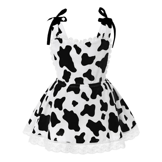 Girls Cow Print Sleeveless Lace Trim Dress (Age 12M-6 YRS) Black