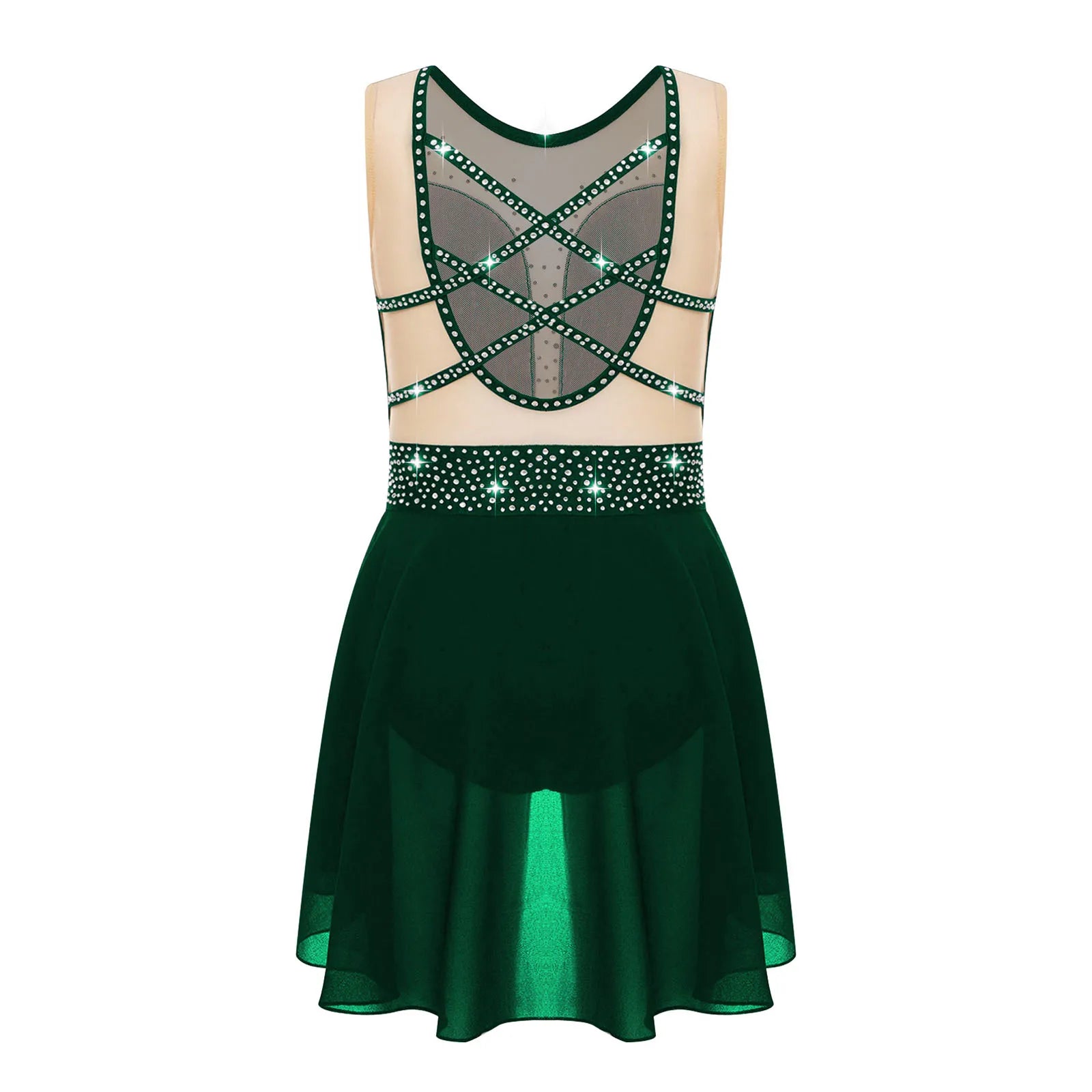 Rhinestone Gymnastics Figure Skating Dress for Teen Girls Sleeveless Sheer Mesh Tutu Ballet Leotard Lyrical Performance Costume