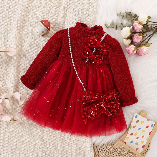 Baby Girls Red Christmas Tulle Dress & Handbag (Age 9M-3YRS) Red