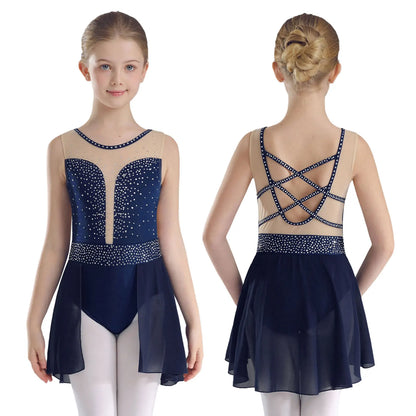 Rhinestone Gymnastics Figure Skating Dress for Teen Girls Sleeveless Sheer Mesh Tutu Ballet Leotard Lyrical Performance Costume Navy Blue