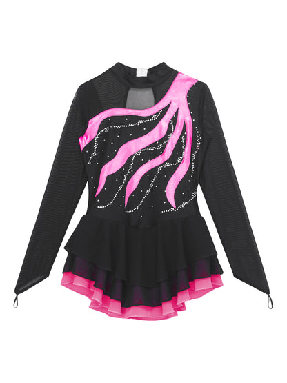 Girls Rhinestone Figure Skating Leotard Dress (Age 6-16 YRS)