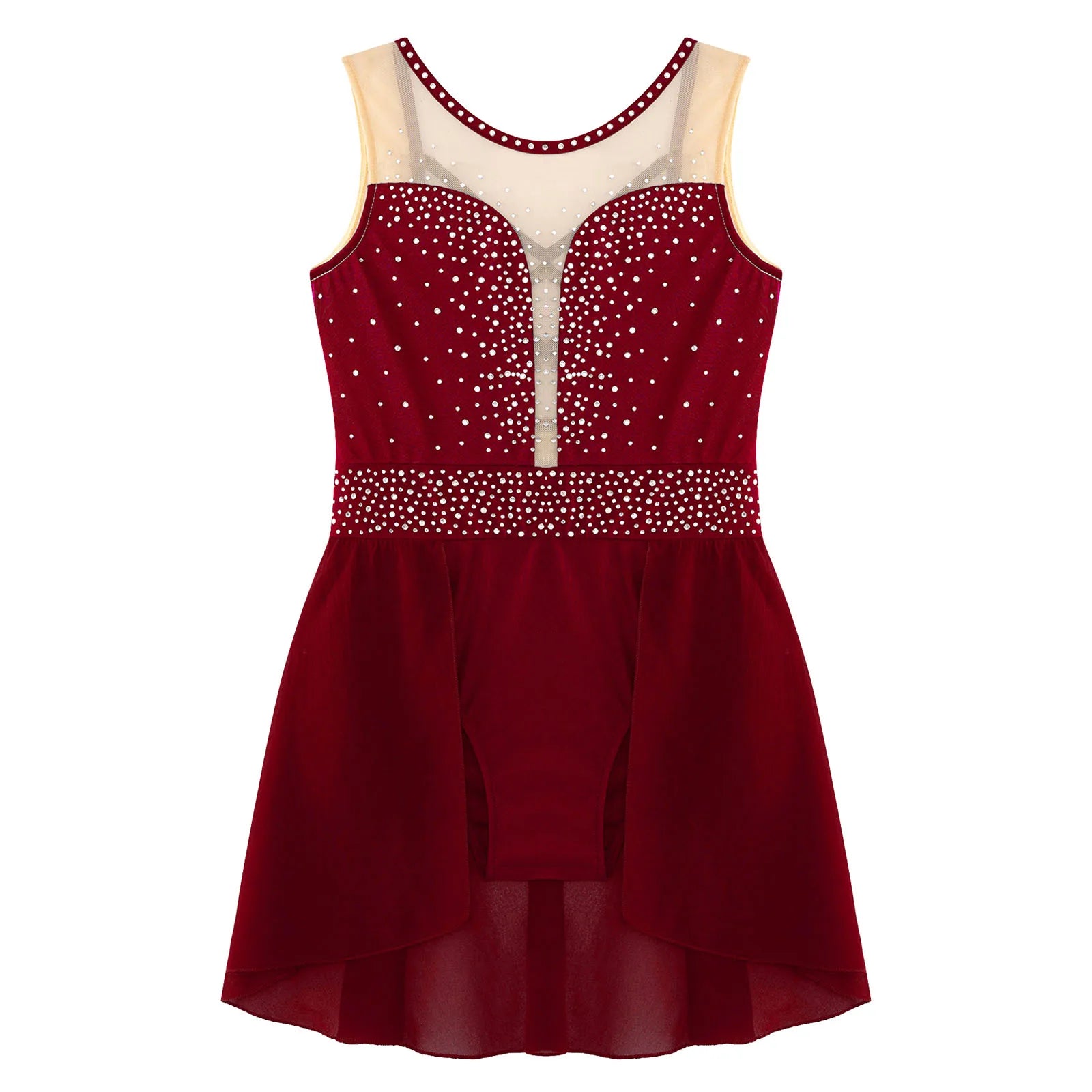 Rhinestone Gymnastics Figure Skating Dress for Teen Girls Sleeveless Sheer Mesh Tutu Ballet Leotard Lyrical Performance Costume