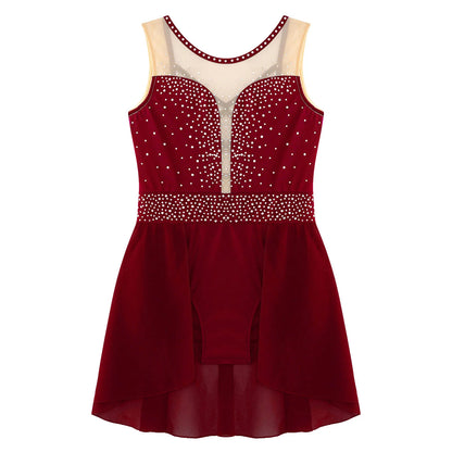 Rhinestone Gymnastics Figure Skating Dress for Teen Girls Sleeveless Sheer Mesh Tutu Ballet Leotard Lyrical Performance Costume