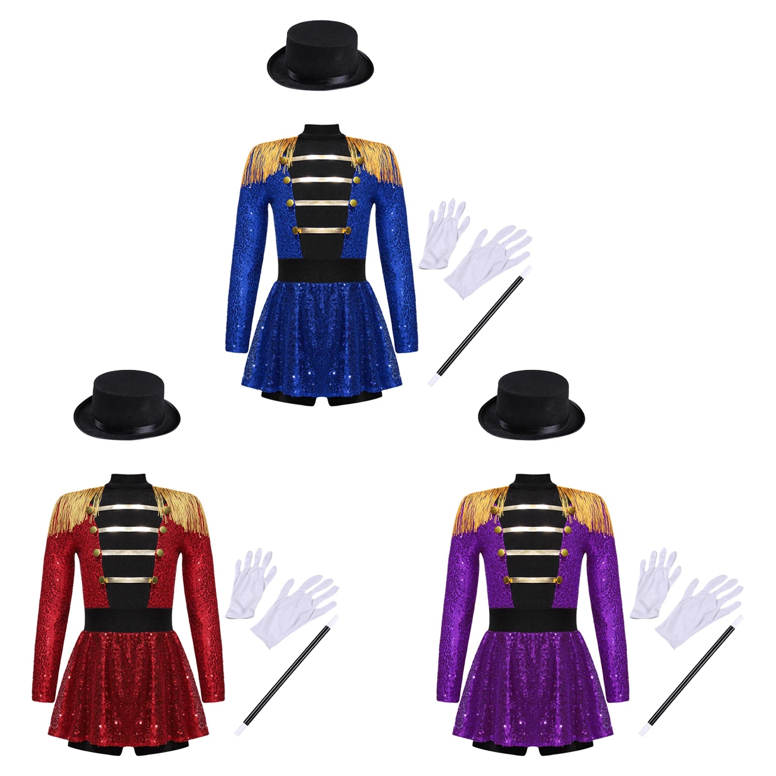 Girls Halloween Circus Ringmaster Costume Long Sleeve Sequin Leotard Dress (Age 6-14YRS)
