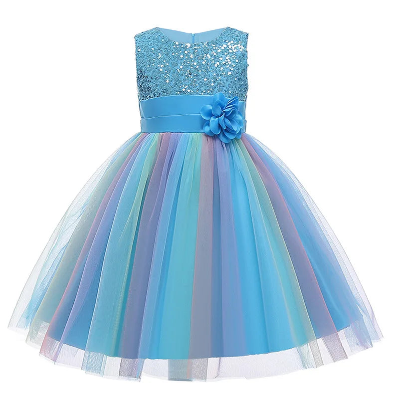 Girls Sequin Rainbow Tutu Tulle Dress (Age 3Y-10Y) Blue