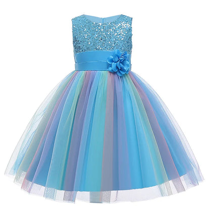 Girls Sequin Rainbow Tutu Tulle Dress (Age 3Y-10Y) Blue