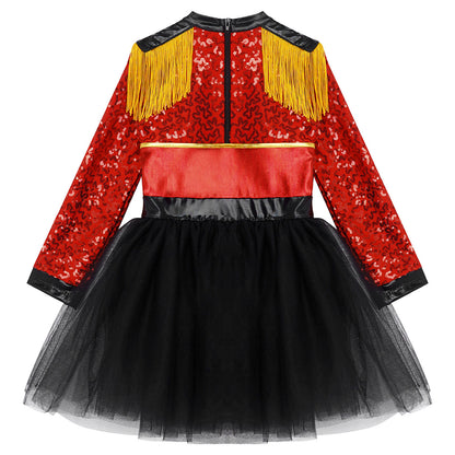 Girls Circus Ringmaster Magician Sequin Leotard Tutu Dress Costume (Age 6-16 YRS)