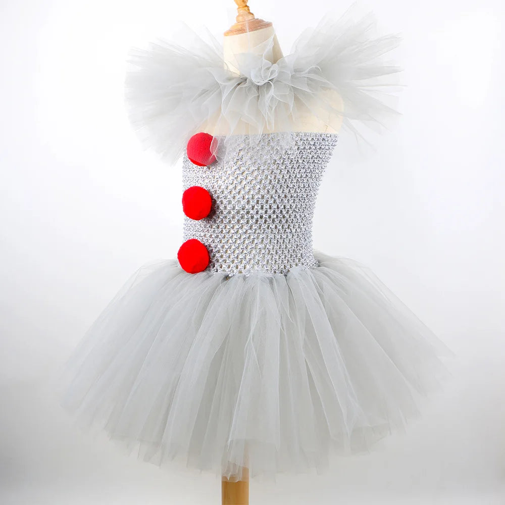 Girls Gray Joker Tutu Costume – Handmade Mesh Dress for Halloween & Cosplay | Ages 2–12Y