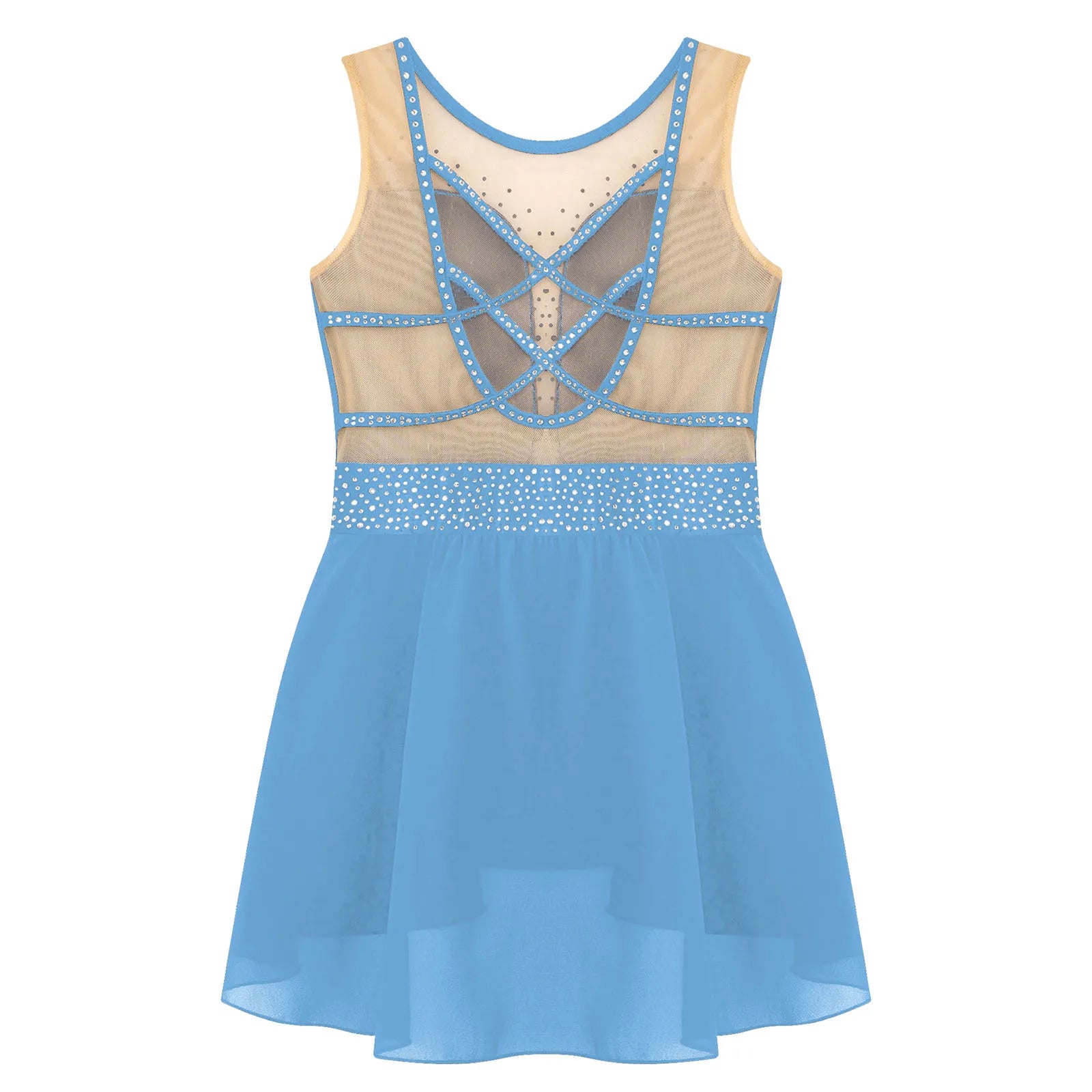 Rhinestone Gymnastics Figure Skating Dress for Teen Girls Sleeveless Sheer Mesh Tutu Ballet Leotard Lyrical Performance Costume