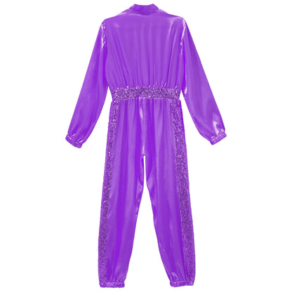 Girls Sequin Satin m Long Sleeve Zipper Jumpsuit (Age 6-16 YRS)