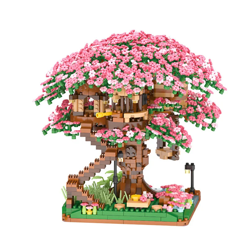 Mini Sakura Tree Building Blocks Set DIY Cherry Blossom Bricks with Light Treehouse Pink No Light