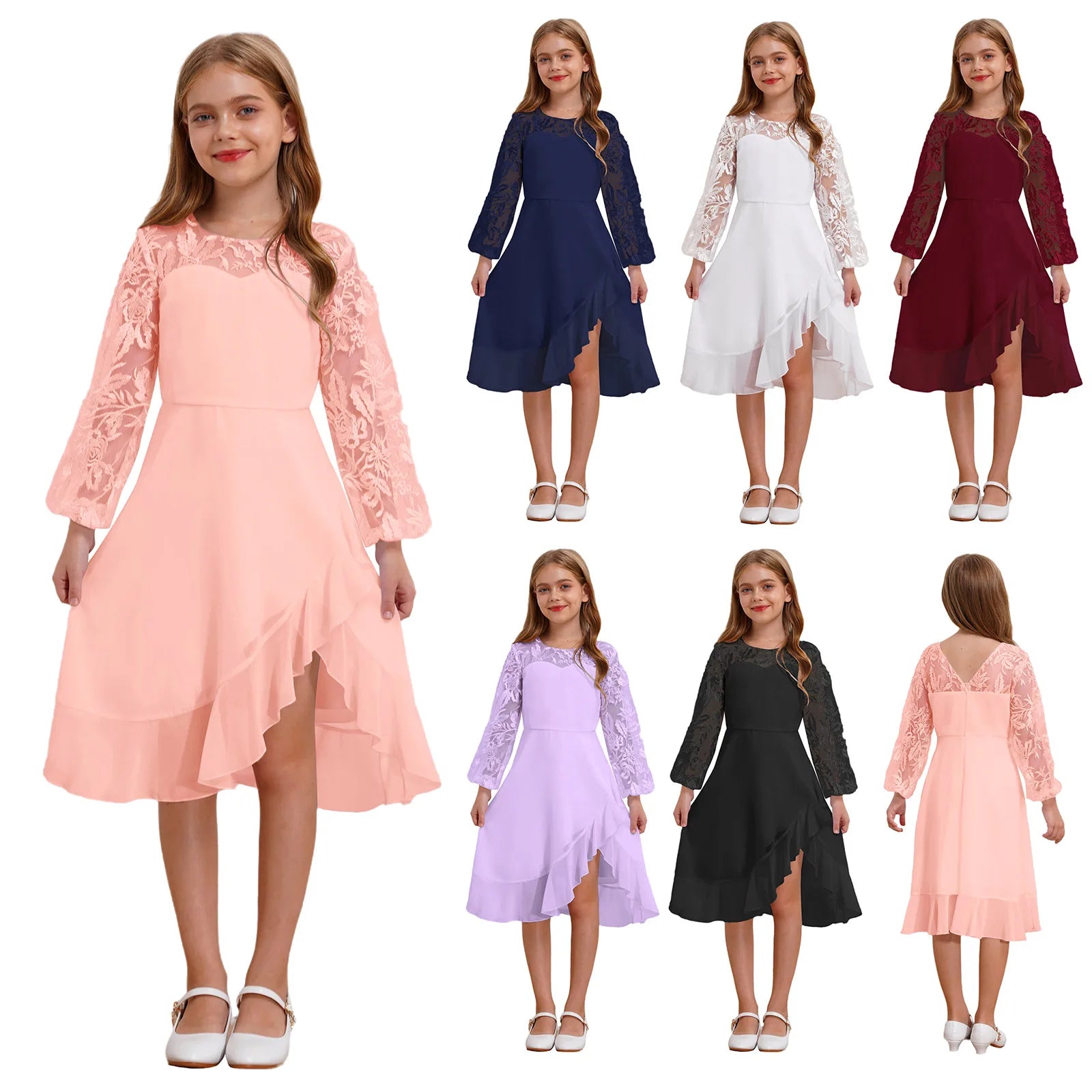 Girls Chiffon Long Sleeve High Waist Mesh Embroidery Dress (Age 8-16 YRS)