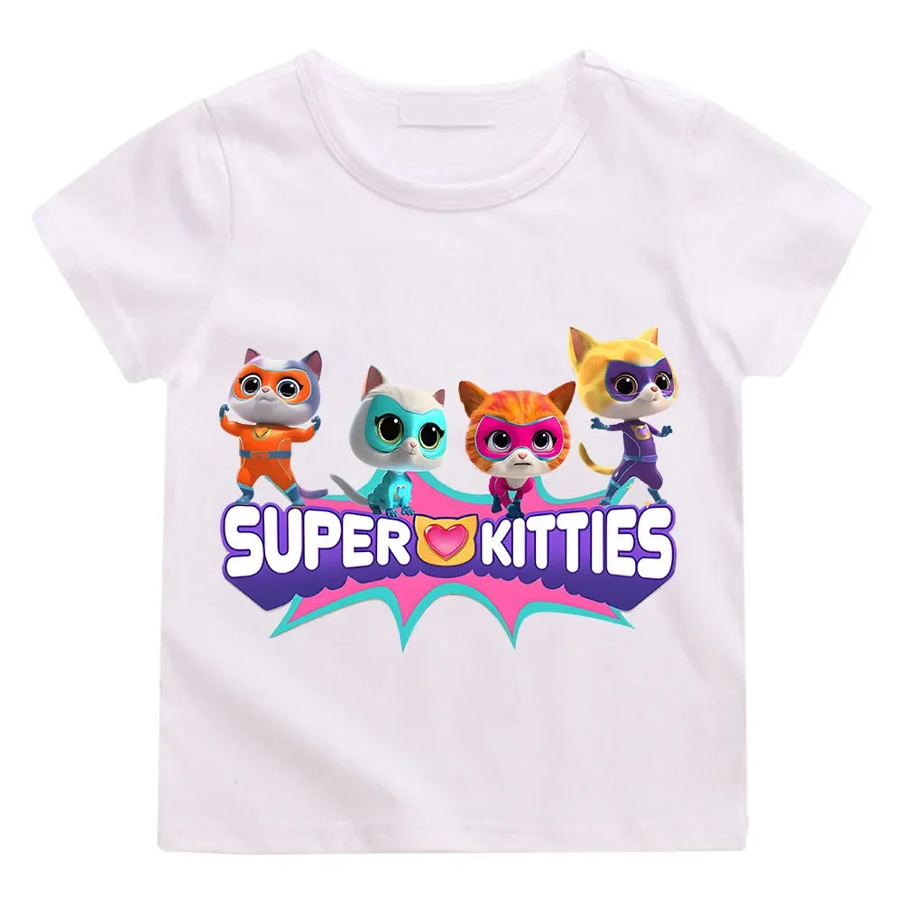 SuperKitties Cartoon Printed Summer Top – 100% Pure Cotton T-Shirt | Short Sleeves | Ages 2–12 White