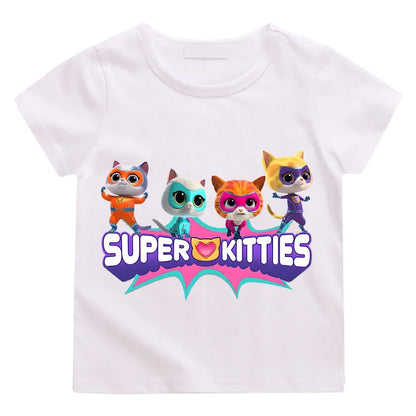 SuperKitties Cartoon Printed Summer Top – 100% Pure Cotton T-Shirt | Short Sleeves | Ages 2–12 White