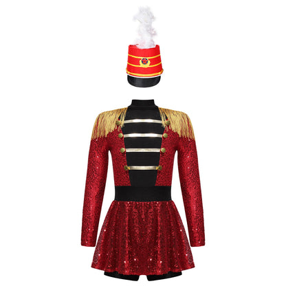 Girls Halloween Circus Ringmaster Costume Long Sleeve Sequin Leotard Dress (Age 6-14YRS) Red C