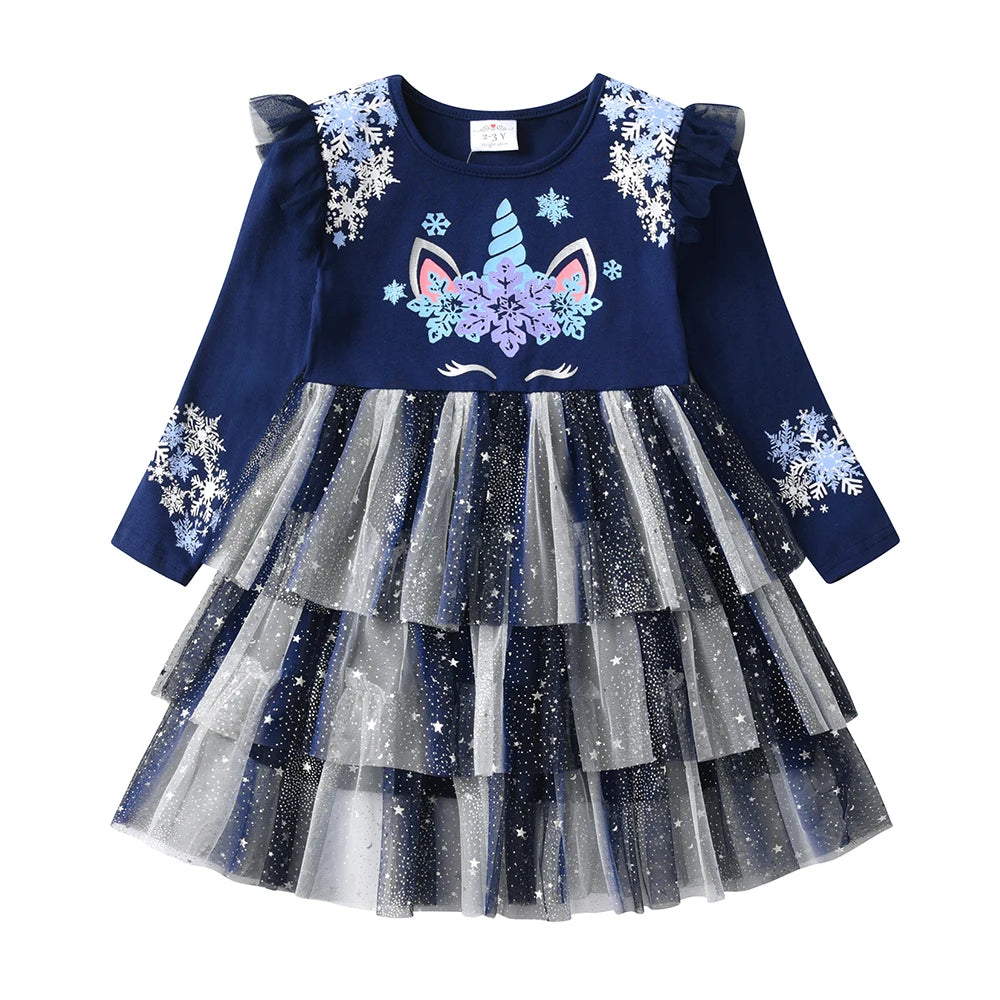Girls Navy Unicorn Snowflake Tulle Dress (Age 3-8YRS)