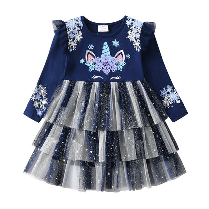 Girls Navy Unicorn Snowflake Tulle Dress (Age 3-8YRS)