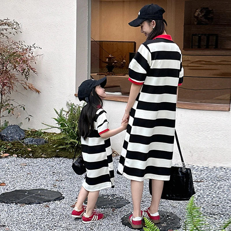 Mother & Daughter Black & White Stripe Mini Dress