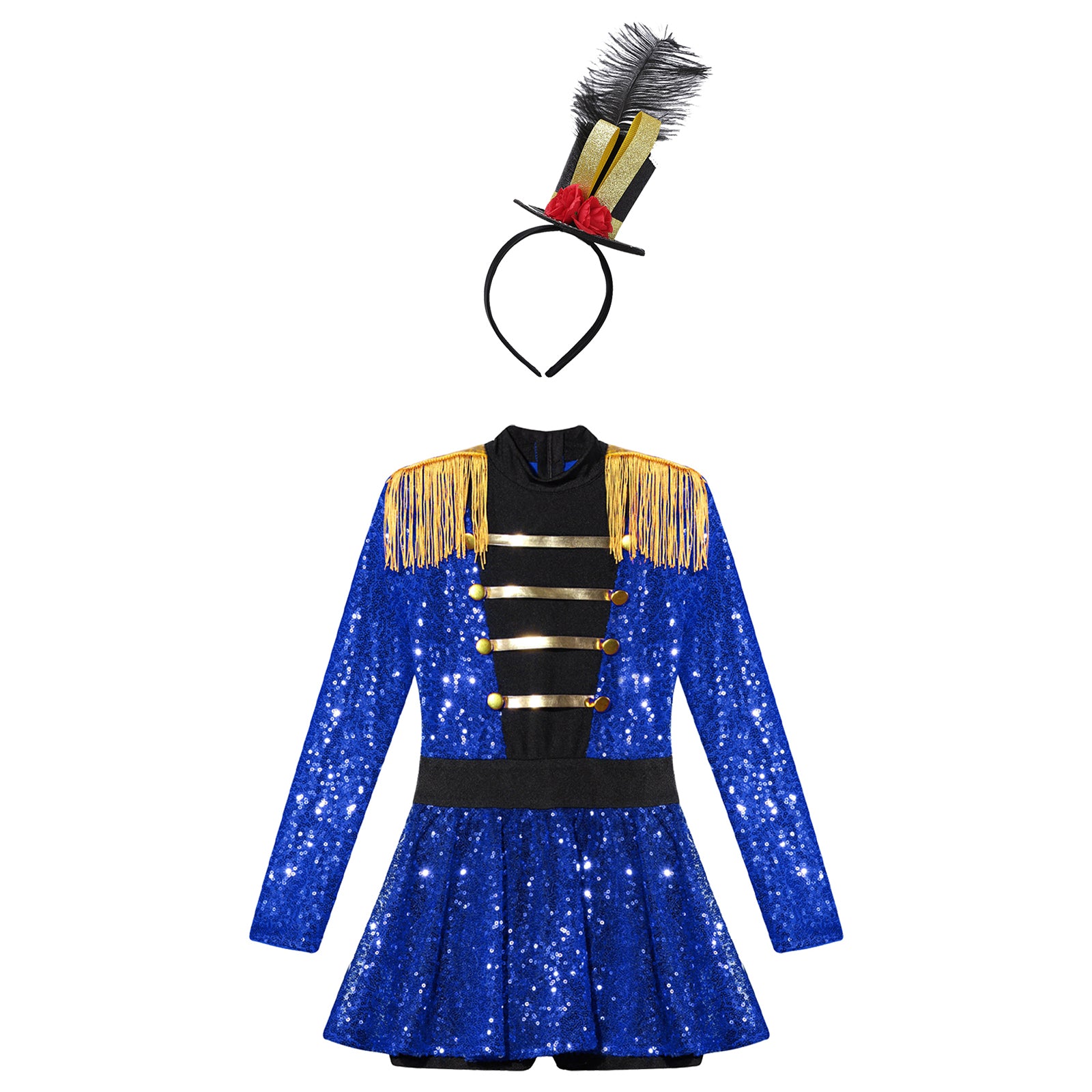 Girls Halloween Circus Ringmaster Costume Long Sleeve Sequin Leotard Dress (Age 6-14YRS)