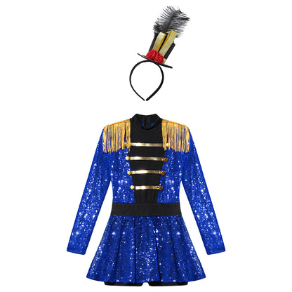 Girls Halloween Circus Ringmaster Costume Long Sleeve Sequin Leotard Dress (Age 6-14YRS)