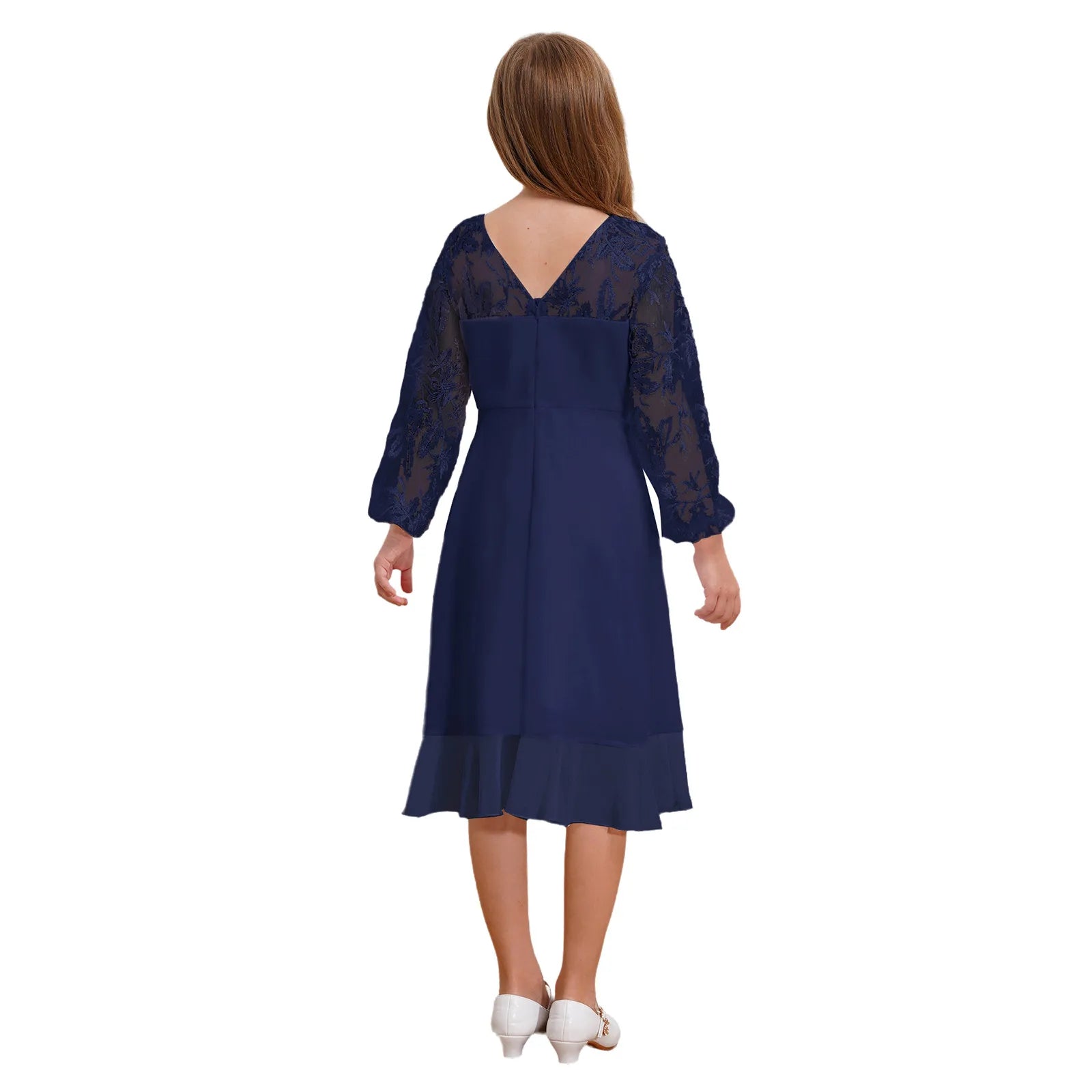 Girls Chiffon Long Sleeve High Waist Mesh Embroidery Dress (Age 8-16 YRS)