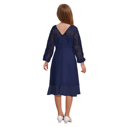 Girls Chiffon Long Sleeve High Waist Mesh Embroidery Dress (Age 8-16 YRS)