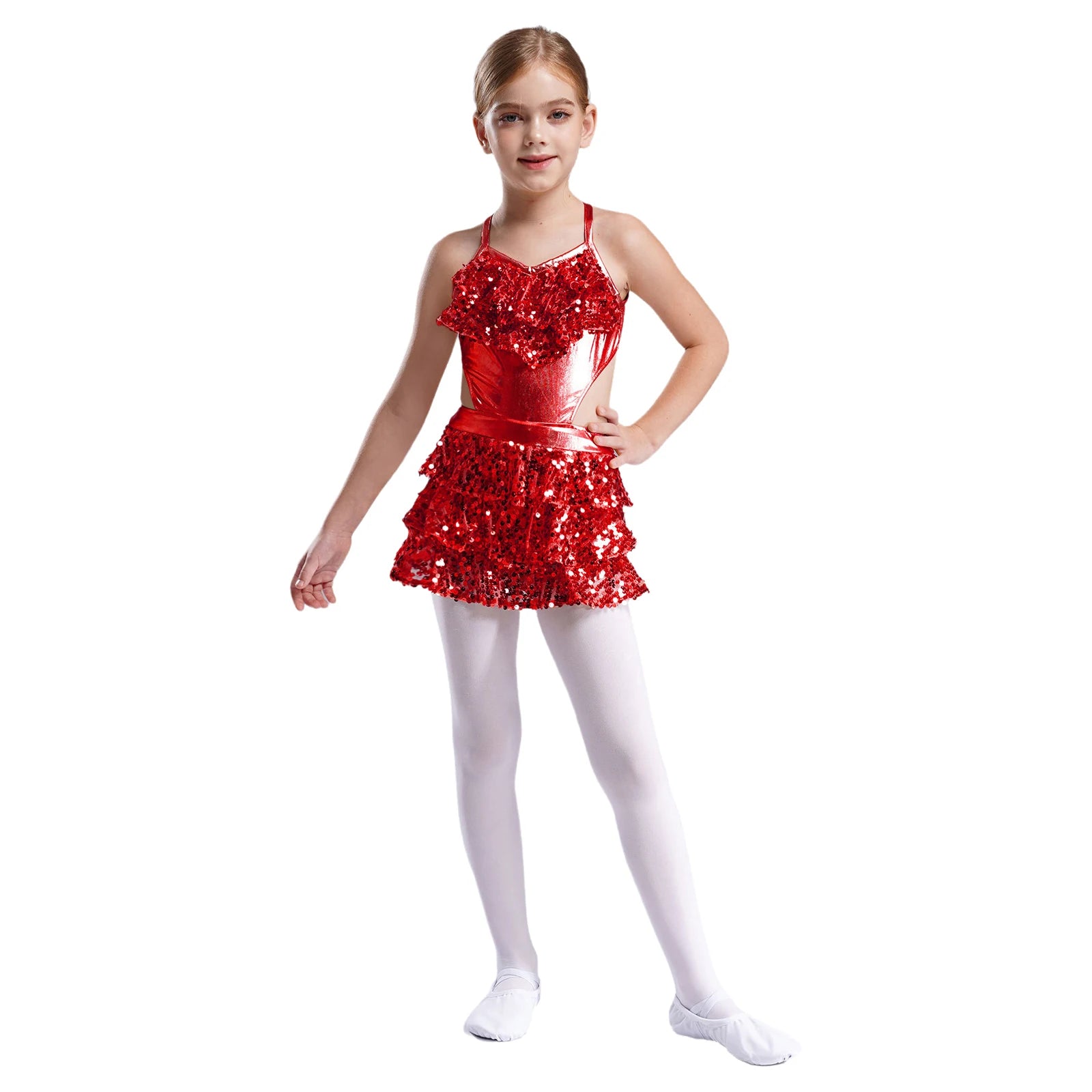 Girls Sequin Dance Sleeveless Cutout Tiered Ruffle Metallic Leotard Dress (Age 6-16 YRS)