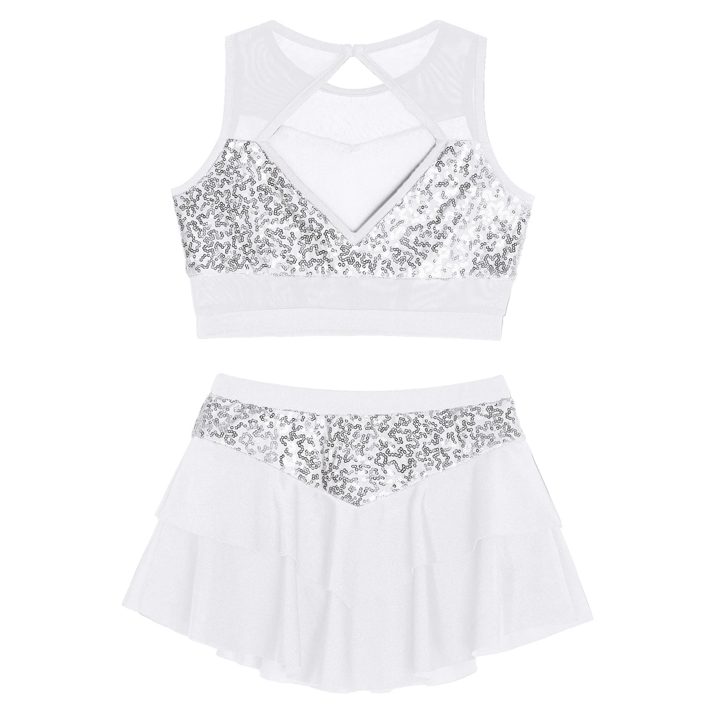 Girls Sequin Sheer Mesh Crop Top & Tiered Skirt Set (Age 6-16YRS)