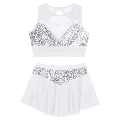 Girls Sequin Sheer Mesh Crop Top & Tiered Skirt Set (Age 6-16YRS)