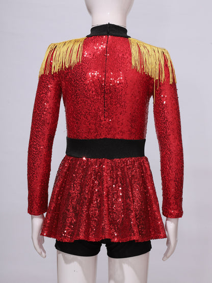 Girls Halloween Circus Ringmaster Costume Long Sleeve Sequin Leotard Dress (Age 6-14YRS)