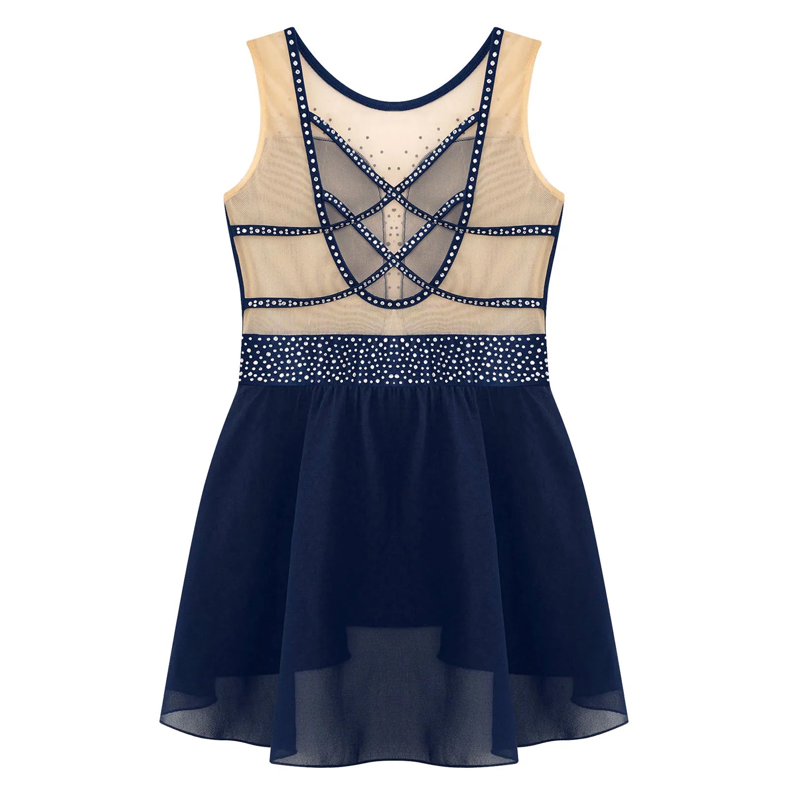 Rhinestone Gymnastics Figure Skating Dress for Teen Girls Sleeveless Sheer Mesh Tutu Ballet Leotard Lyrical Performance Costume