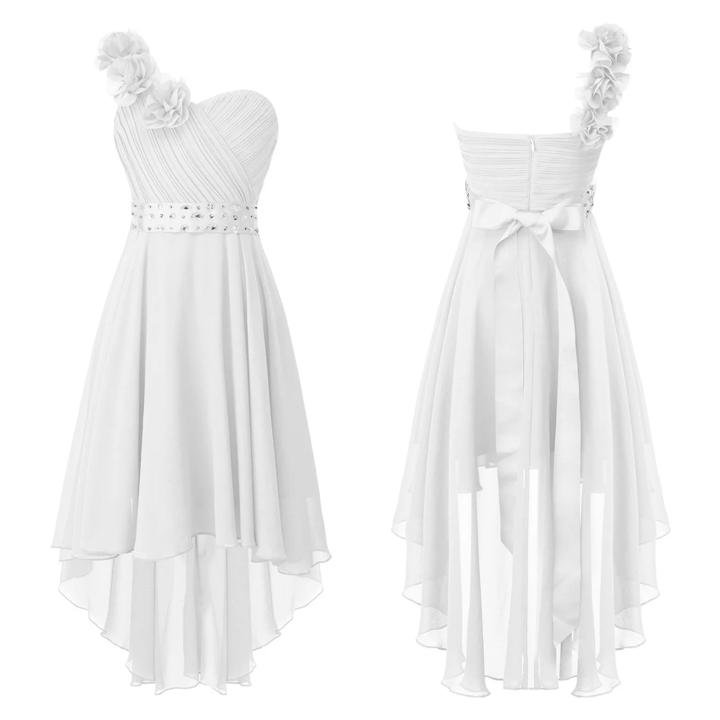 Girls One Shoulder Asymmetrical Hem Dress (Age 6-16 YRS) White