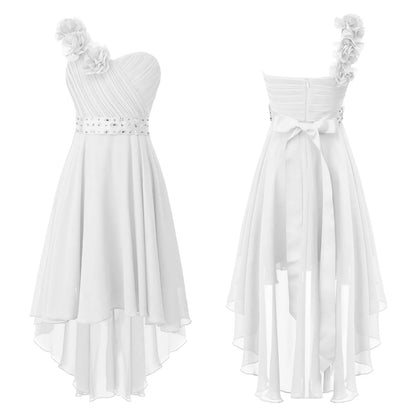 Girls One Shoulder Asymmetrical Hem Dress (Age 6-16 YRS) White