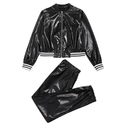 Girls Metallic Long Sleeves Bomber Jacket Coat & Pants Set (Age 6-16YRS)