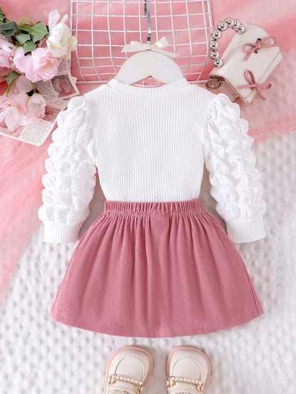Baby/Toddler Girls Bubble Sleeve Heart Top + Pink Short Skirt Set (Age 6M-3 YRS)