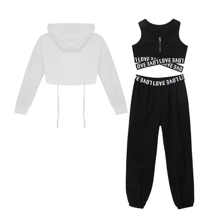 Girls Hip Hop Long Sleeve Drawstring Hooded Tops with Crop Top Pants Tracksuit (Age 6-14YRS)