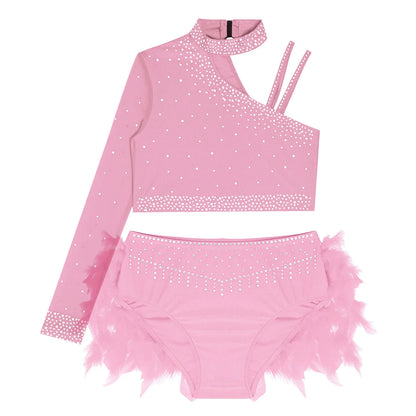 Girls Gymnastics Dance Performance Costume Rhinestone Crop Top With Feather Shorts Set (Age 6-16YRS)