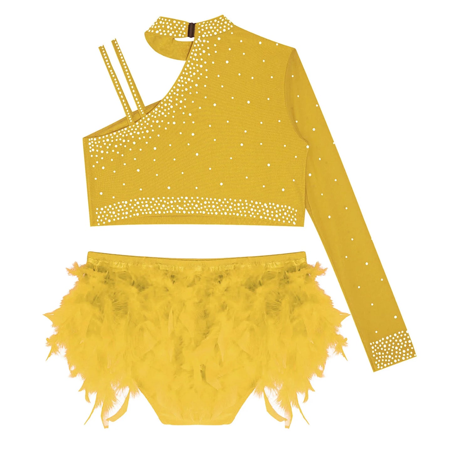 Girls Gymnastics Dance Performance Costume Rhinestone Crop Top With Feather Shorts Set (Age 6-16YRS)