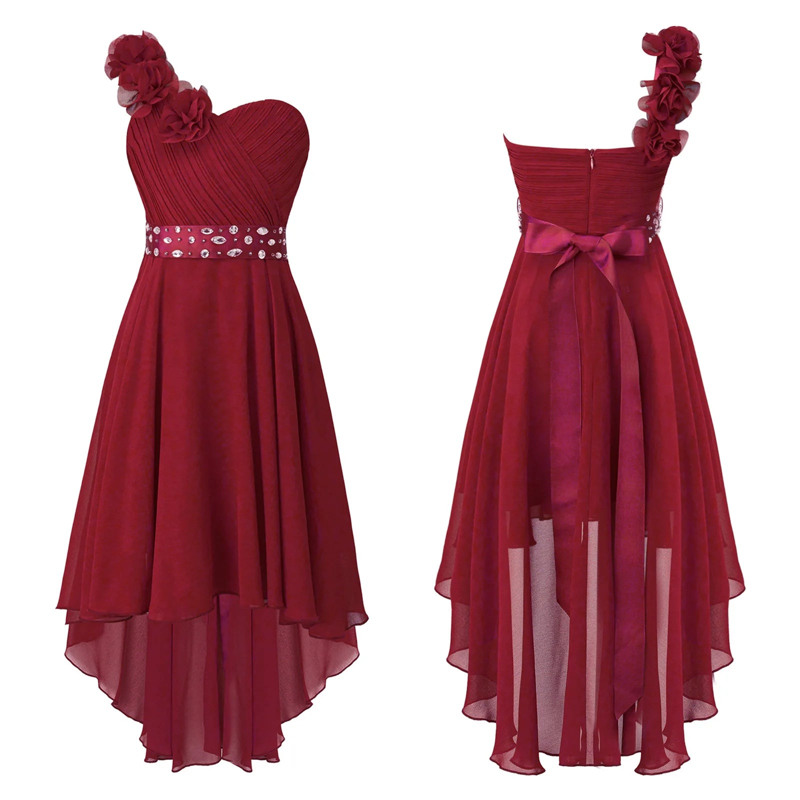 Girls One Shoulder Asymmetrical Hem Dress (Age 6-16 YRS) Burgundy