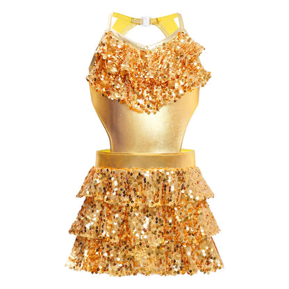 Girls Sequin Dance Sleeveless Cutout Tiered Ruffle Metallic Leotard Dress (Age 6-16 YRS)