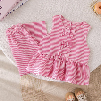 Girls' Suits Pink Stripe Bow Sleeveless Vest Top & Trousers Set (Age 3-7 YRS)