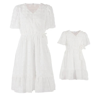 Mother & Daughter Matching Short Sleeves V-neck Polka Dot Dress (Mommy & Me) White