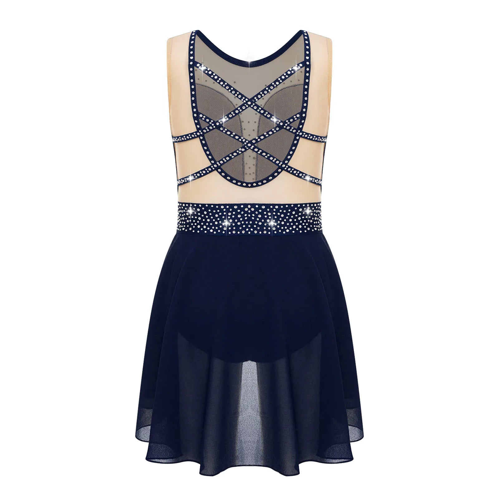 Rhinestone Gymnastics Figure Skating Dress for Teen Girls Sleeveless Sheer Mesh Tutu Ballet Leotard Lyrical Performance Costume