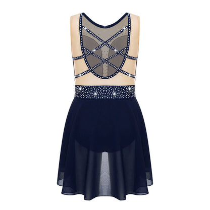 Rhinestone Gymnastics Figure Skating Dress for Teen Girls Sleeveless Sheer Mesh Tutu Ballet Leotard Lyrical Performance Costume