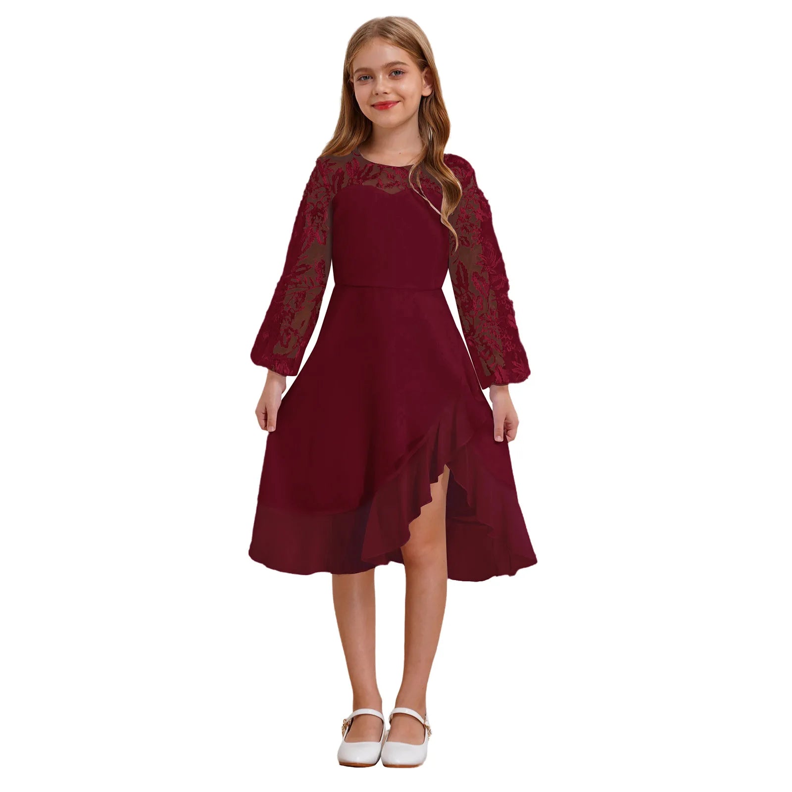 Girls Chiffon Long Sleeve High Waist Mesh Embroidery Dress (Age 8-16 YRS)