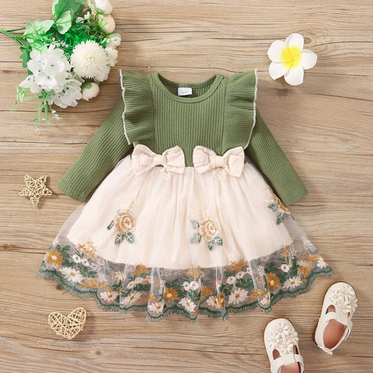Baby/Toddler Girls Green Long Sleeved Flower Mesh Dress (Age 3M-4YRS) Green
