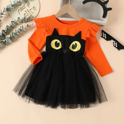 Halloween Infant Baby Girls Tulle Costume Cute Black Cat Lace Dress Ruffles Long Sleeve Princess Clothes Party Outfits orange
