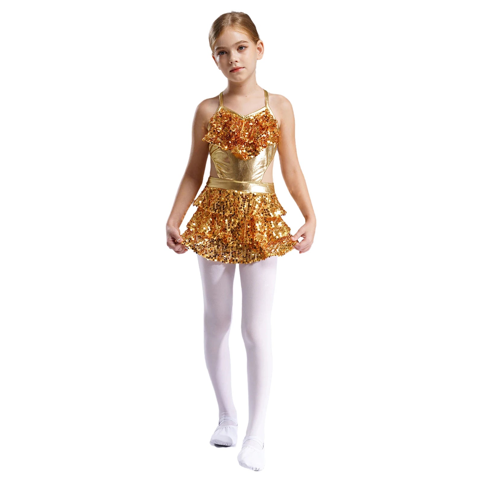 Girls Sequin Dance Sleeveless Cutout Tiered Ruffle Metallic Leotard Dress (Age 6-16 YRS)