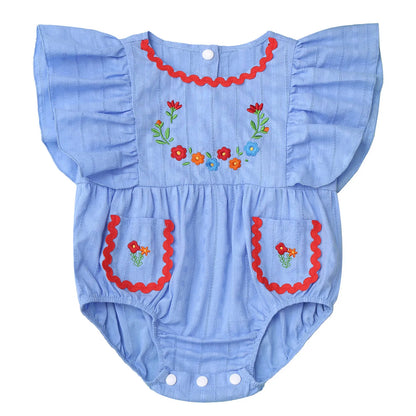 Baby Girls Mexican Embroidered Ruffled Sleeves Romper (Age Newborn-24M) Blue